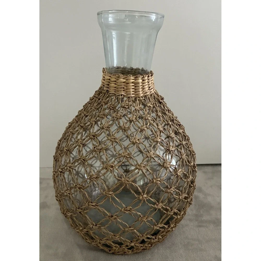 Wicker Wrapped Glass Vase 13x9" Boho‎ Rustic Farmhouse - Picture 3 of 7